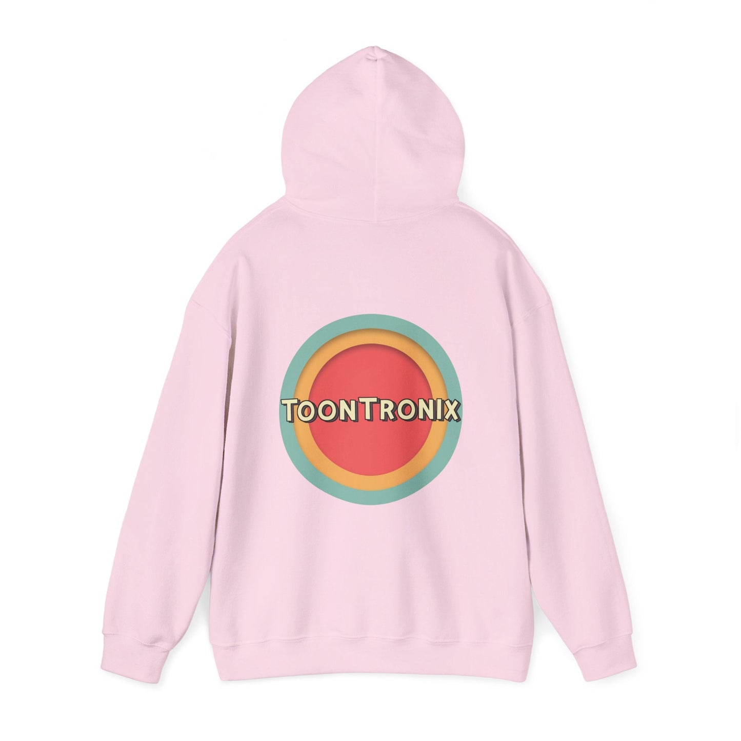 Unisex heavy blend hoodie with Toontronix Toons logo on back, classic fit, and adjustable drawstring hood.