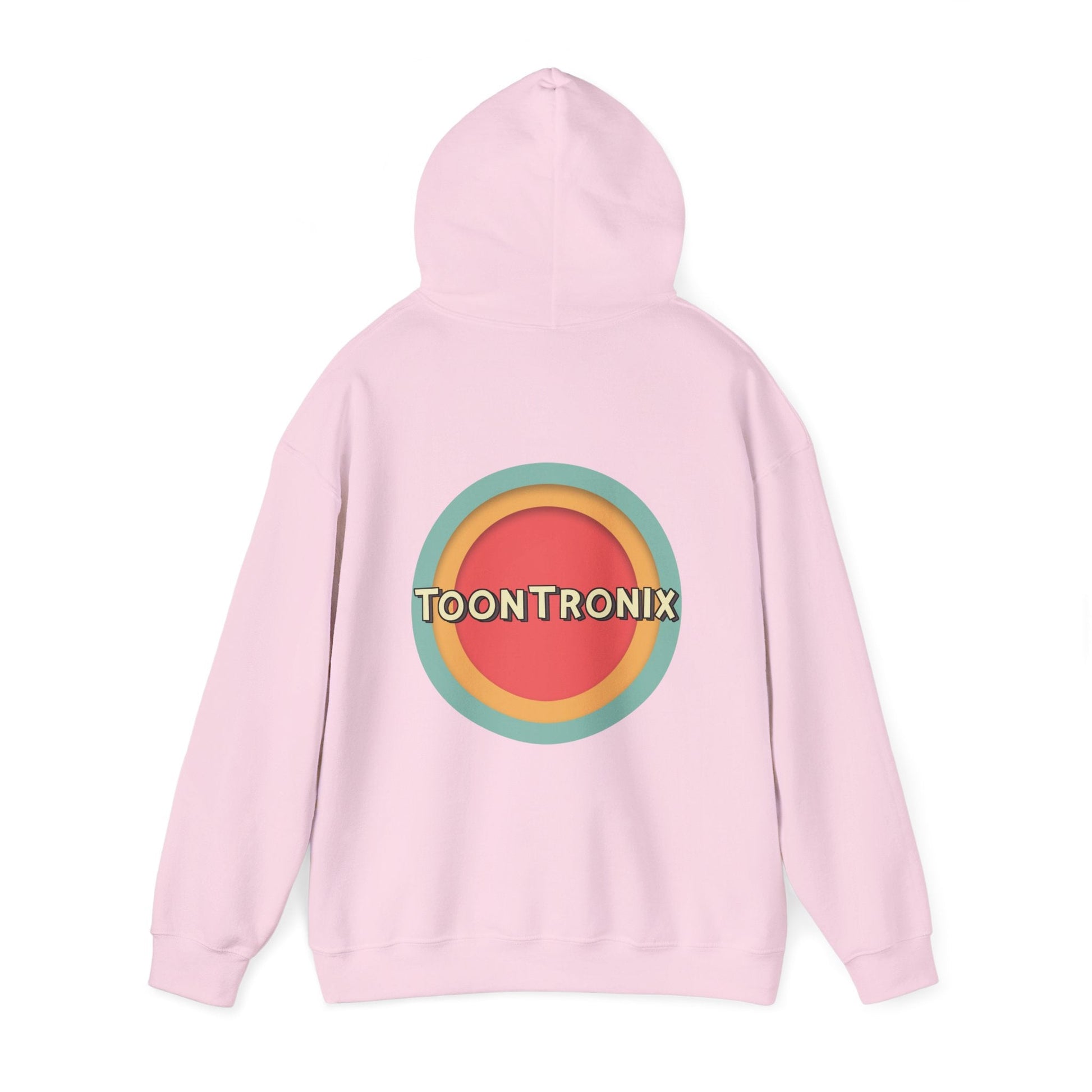 Unisex heavy blend hoodie with Toontronix Toons logo on back, classic fit, and adjustable drawstring hood.