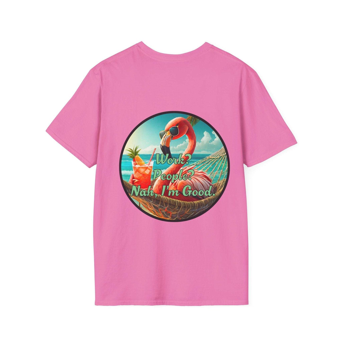 Vibrant Dr. Flamingoz unisex T-shirt with "Work, People Nah I'm Good" design, perfect for summer and beachwear.