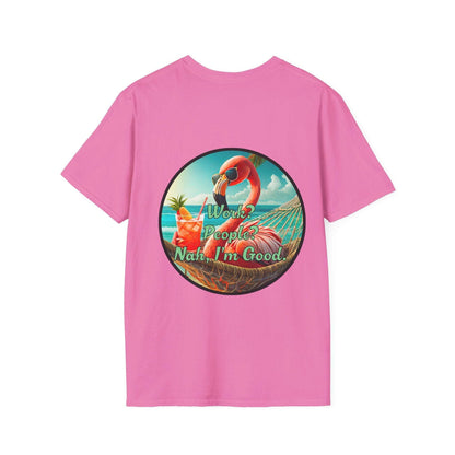 Vibrant Dr. Flamingoz unisex T-shirt with "Work, People Nah I'm Good" design, perfect for summer and beachwear.