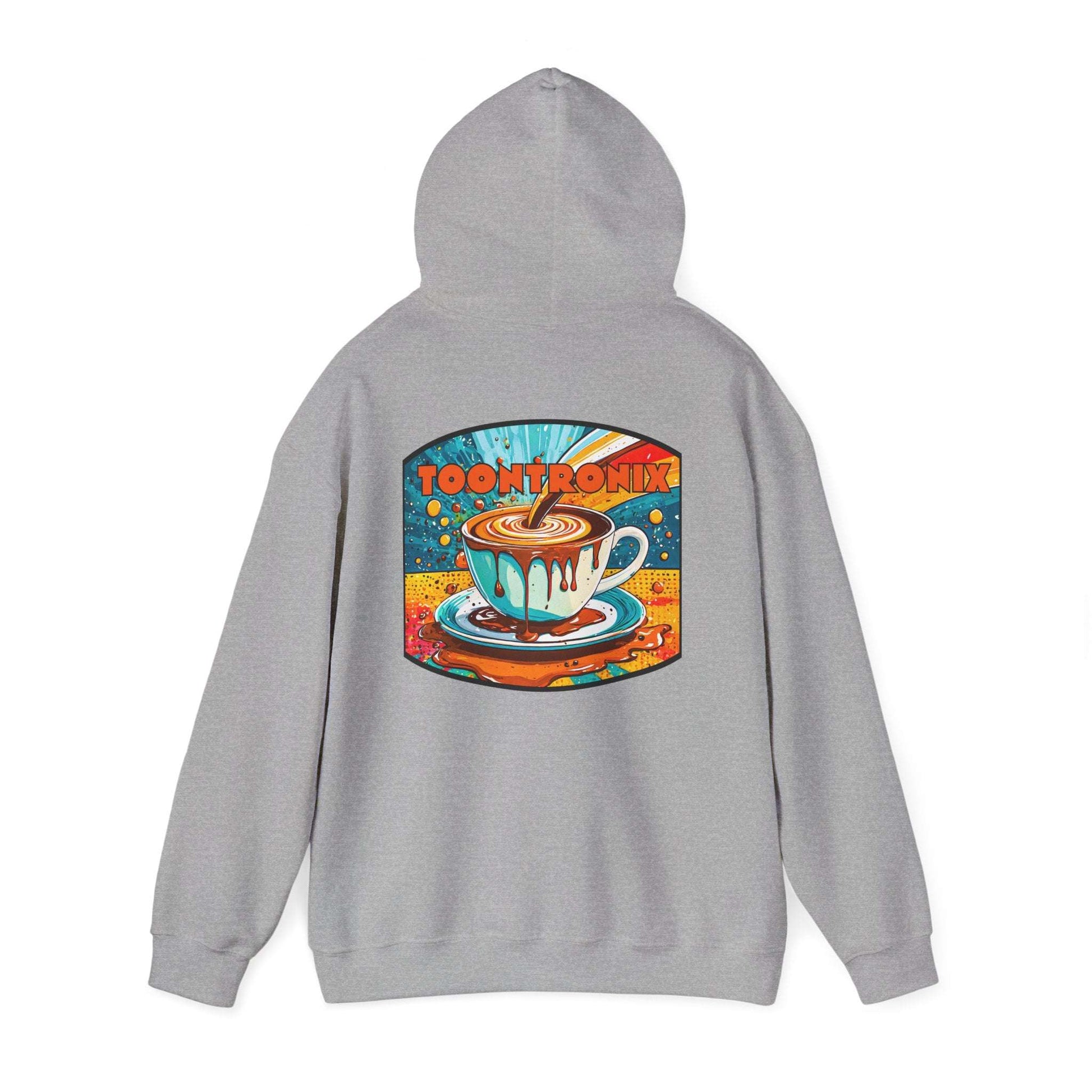 Unisex gray hoodie with colorful coffee cup design, featuring "Toontronix" text, spacious kangaroo pocket, and adjustable hood.