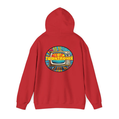 Unisex Toontronix TV Hoodie in red with a colorful TV graphic on the back, featuring a kangaroo pocket and adjustable drawstring hood.