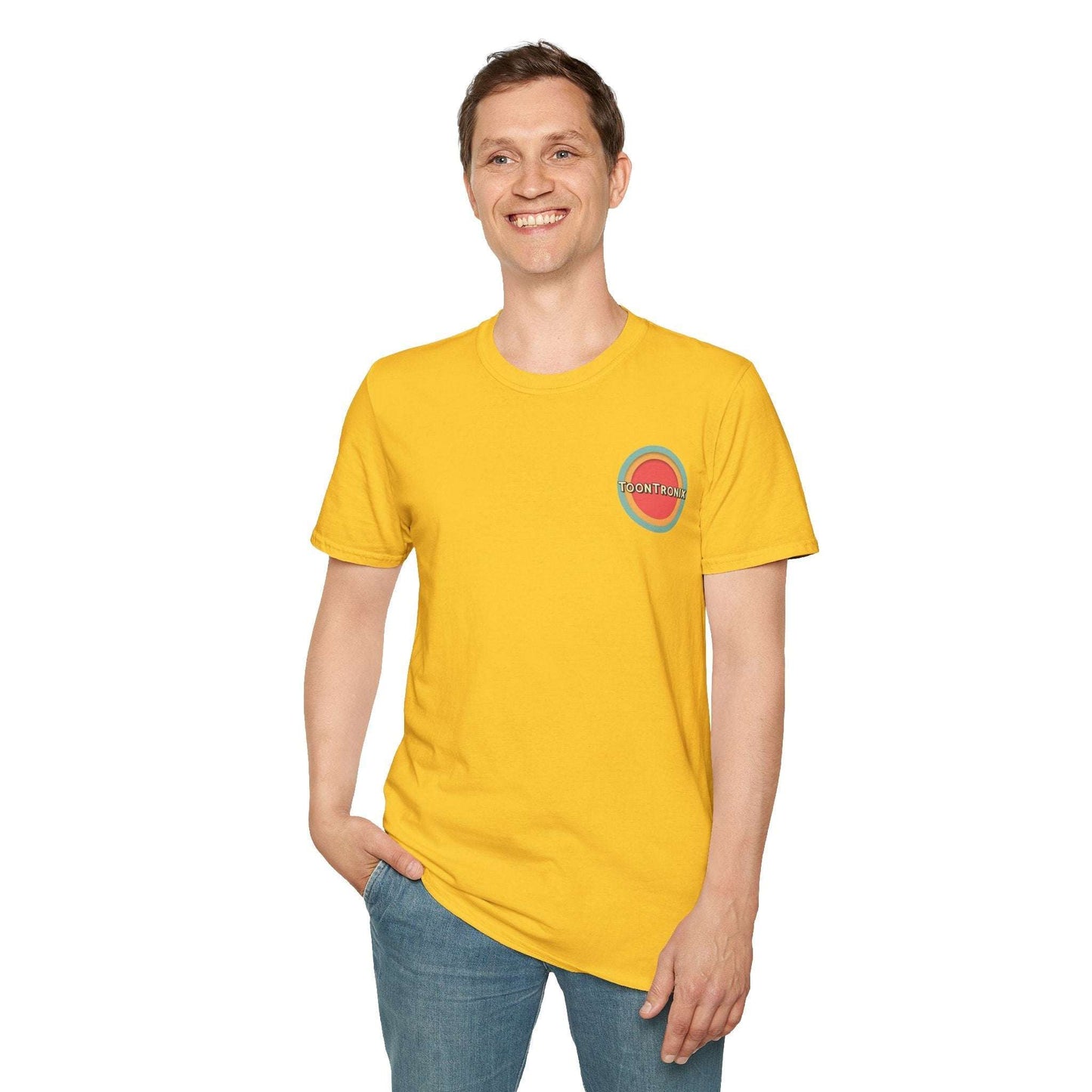 Toontronix Drip Coffee Tee, unisex shirt with ribbed collar, classic fit, 100% cotton, yellow, man wearing, casual style.