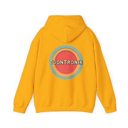 Unisex Toontronix Toons Logo Hoodie in yellow with adjustable drawstring hood and kangaroo pocket.