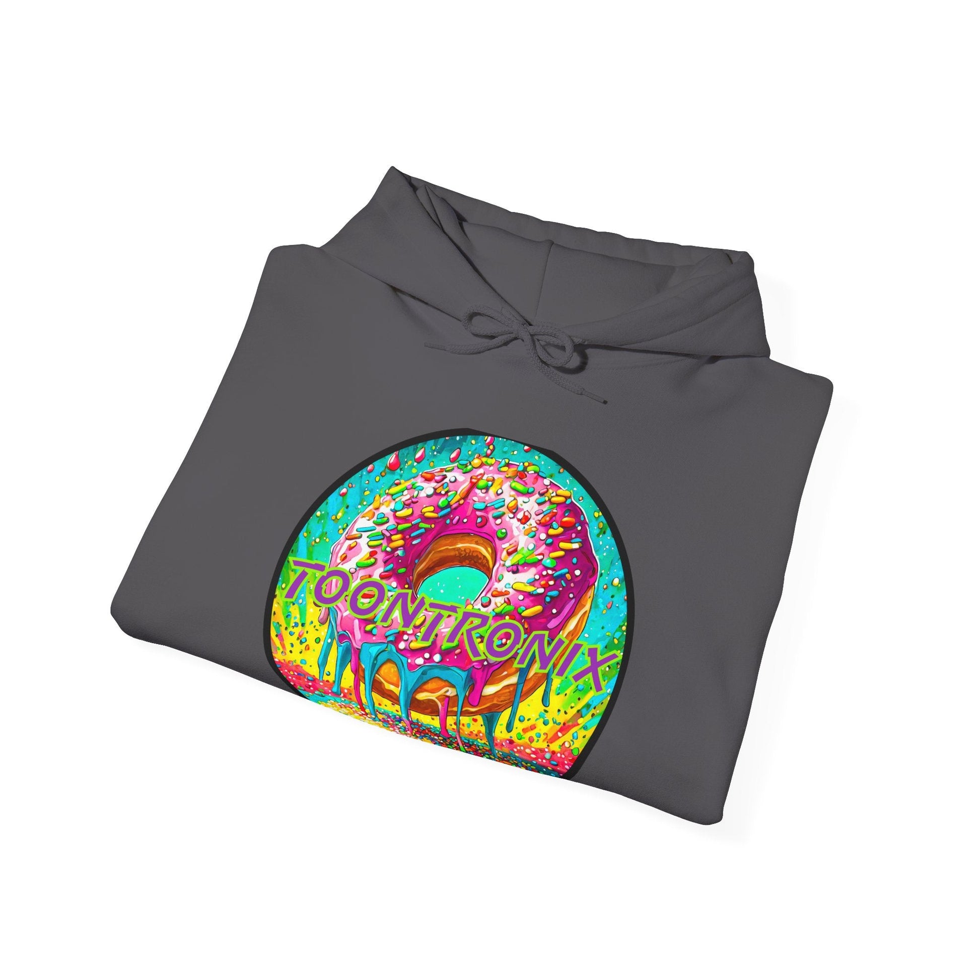 Toontronix Donut Hoodie - Unisex Heavy Blend Sweatshirt with colorful donut design.
