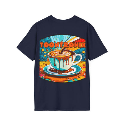 Unisex Toontronix Drip Coffee Tee with vibrant coffee graphic on navy background.