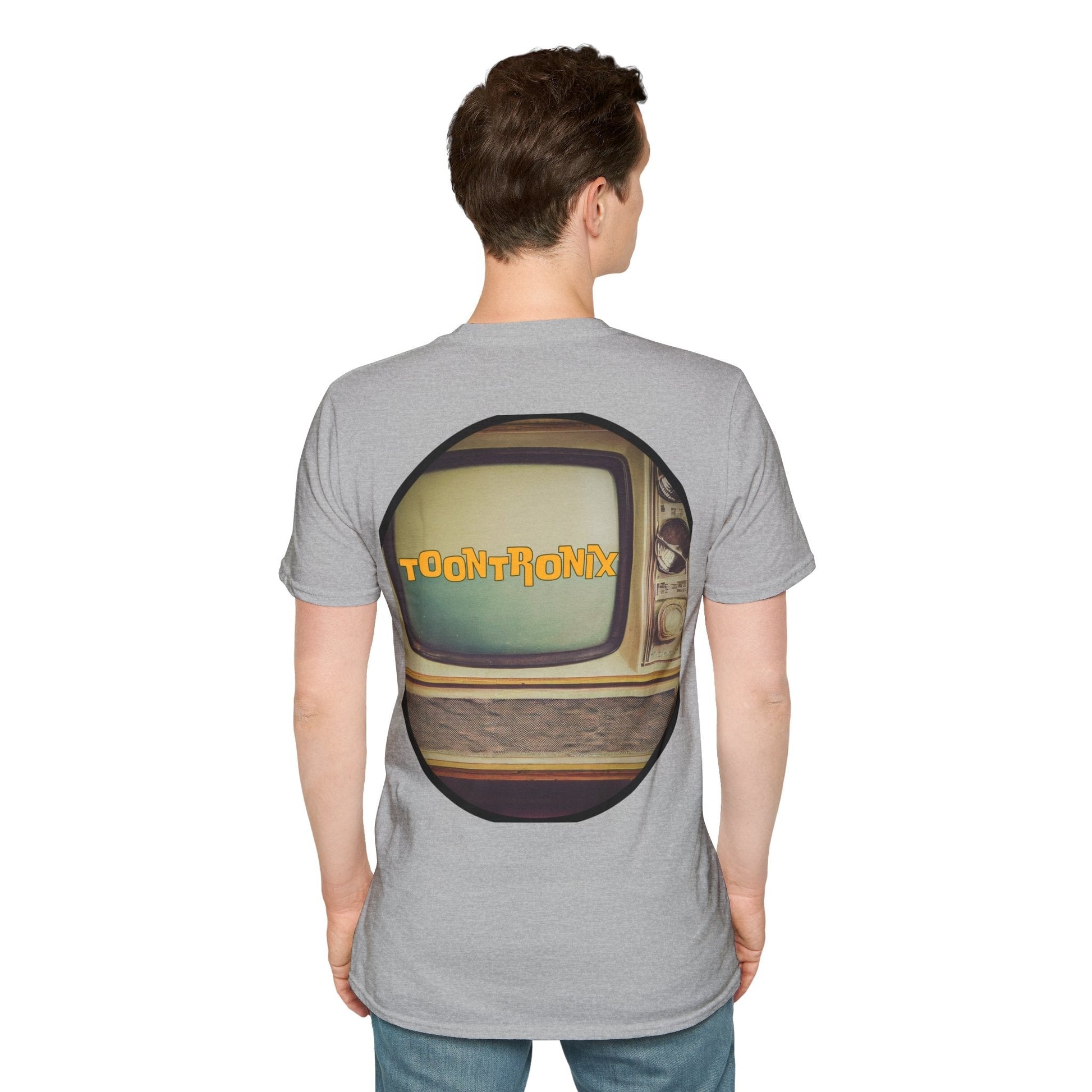 Toontronix Atomic Tv Tee featuring a vintage cartoon design on the back, ideal for retro art fans.