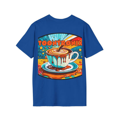 Unisex Toontronix Drip Coffee Tee with animated cup design on blue background.