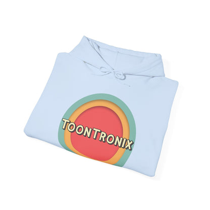 Unisex Toontronix Toons Logo Hoodie with kangaroo pocket and adjustable drawstring hood.