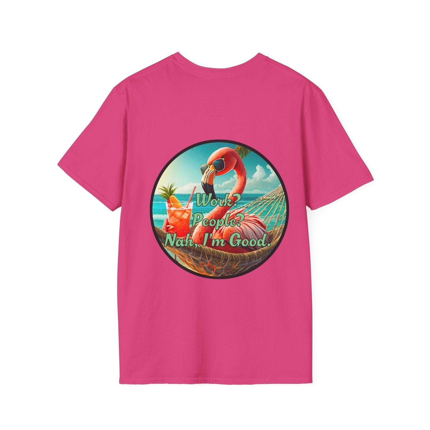 Vibrant Dr. Flamingoz unisex T-shirt with a fun summer design and tropical theme.