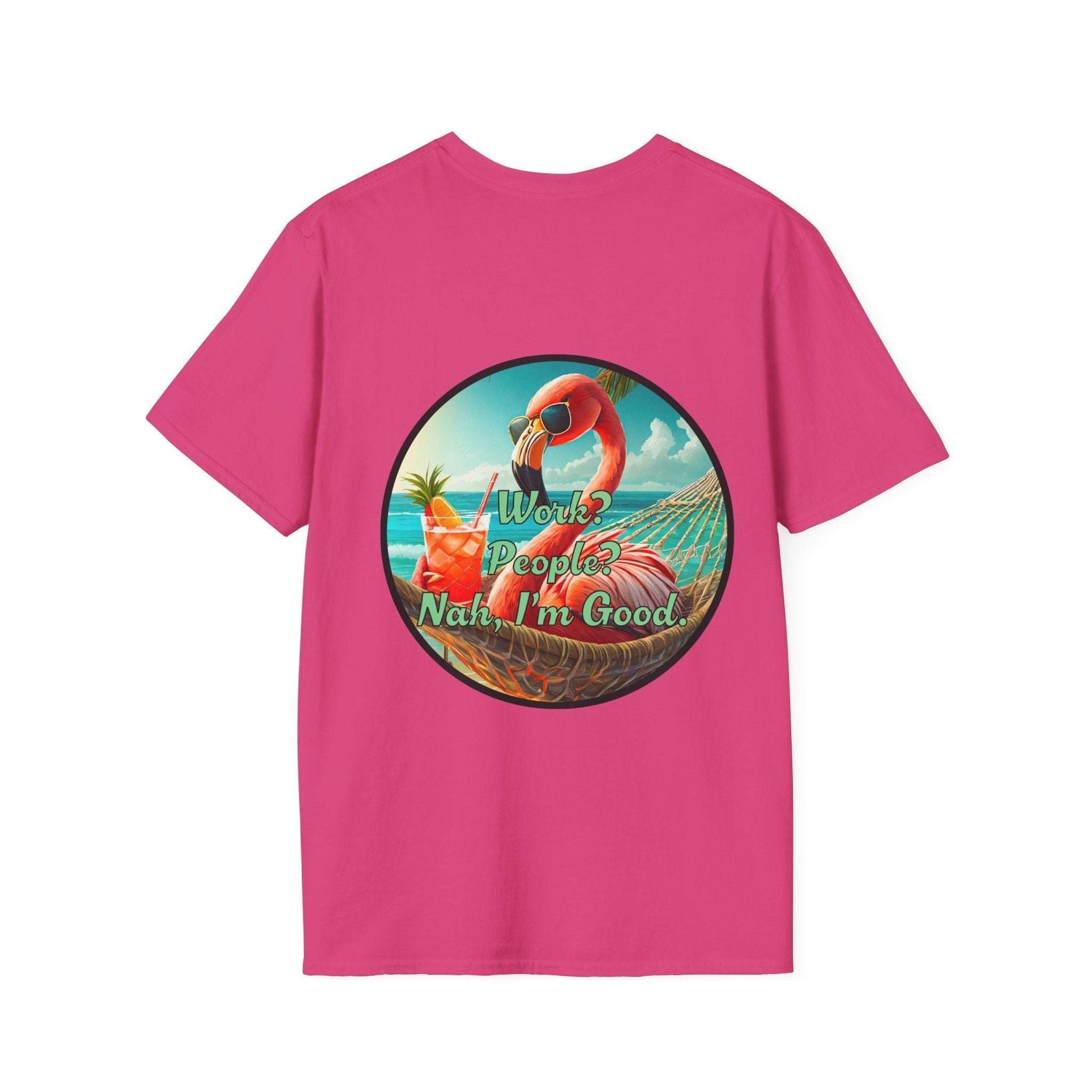Vibrant Dr. Flamingoz unisex T-shirt with a fun summer design and tropical theme.