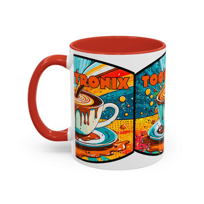 Vibrant coffee mug with colorful ceramic design and retro art style.