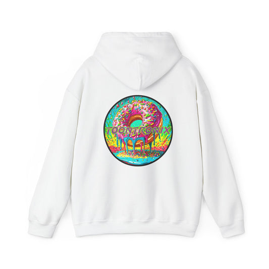 Unisex Toontronix Donut Hoodie with colorful donut graphic on white sweatshirt.