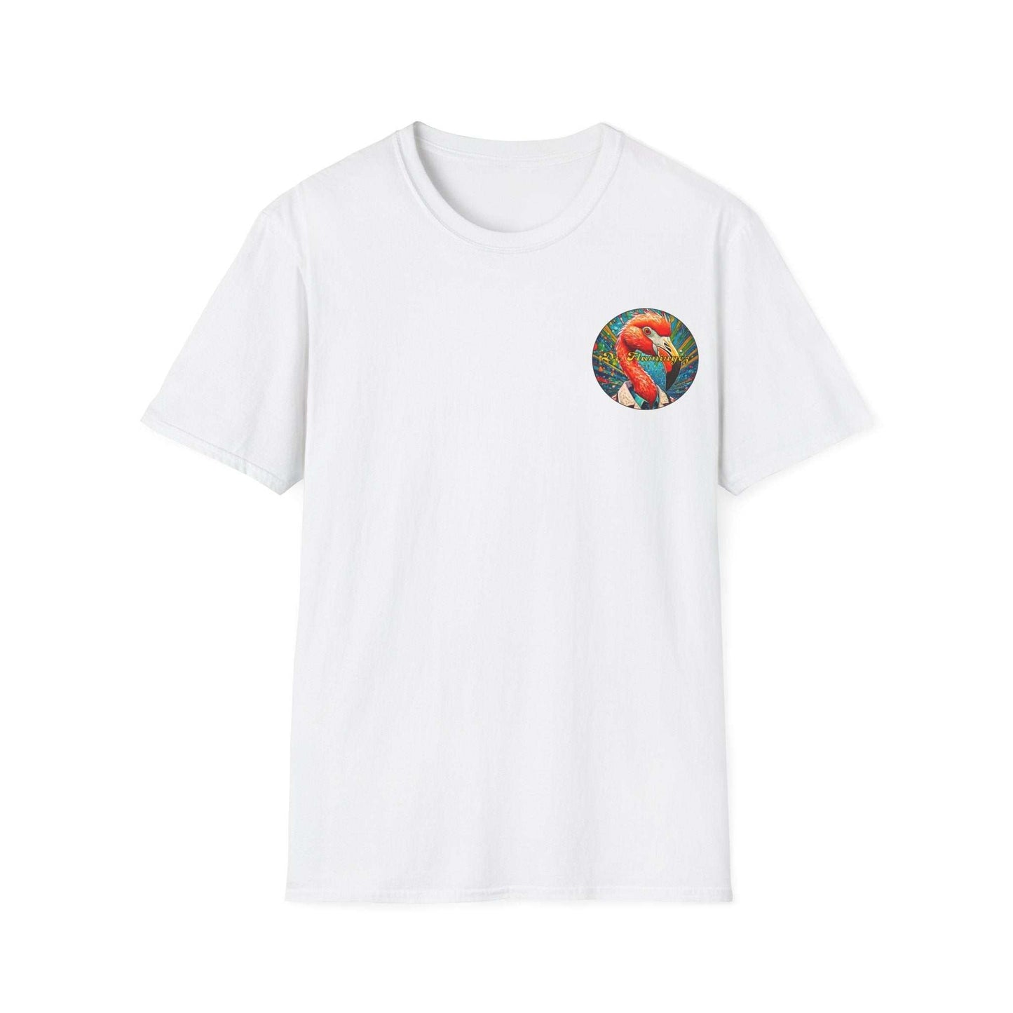 Vibrant Dr. Flamingoz unisex t-shirt with tropical design, perfect for summer casual wear.
