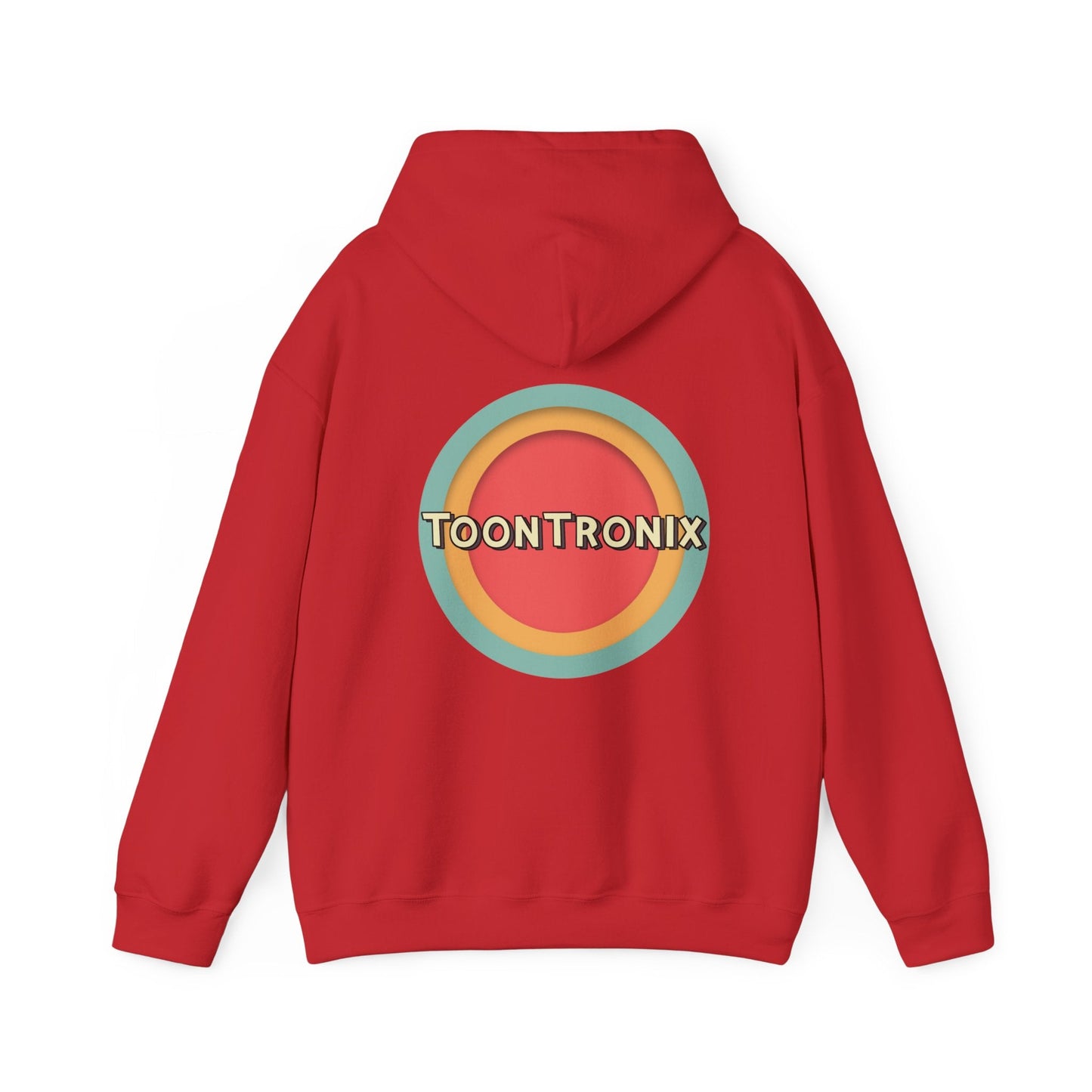 Unisex Toontronix Toons Logo Hoodie - Heavy Blend Sweatshirt in red with colorful logo design.