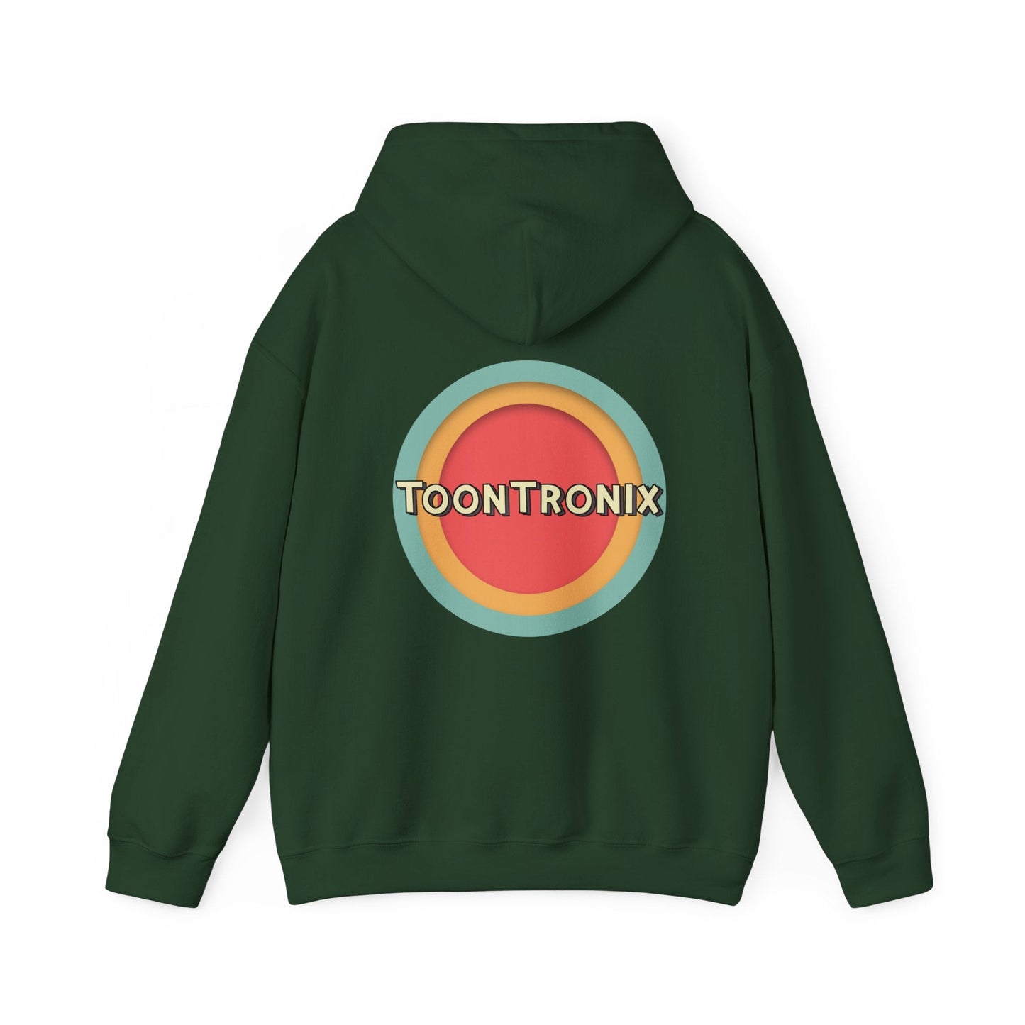 Unisex heavy blend hoodie with Toontronix Toons logo, dark green, kangaroo pocket, drawstring hood.