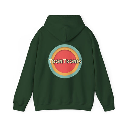 Unisex heavy blend hoodie with Toontronix Toons logo, dark green, kangaroo pocket, drawstring hood.
