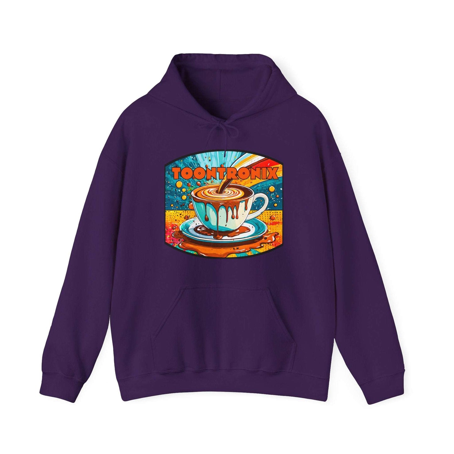 Unisex Toontronix Coffee Drip Hoodie with vibrant coffee cup design, kangaroo pocket, and adjustable hood.