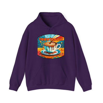 Unisex Toontronix Coffee Drip Hoodie with vibrant coffee cup design, kangaroo pocket, and adjustable hood.