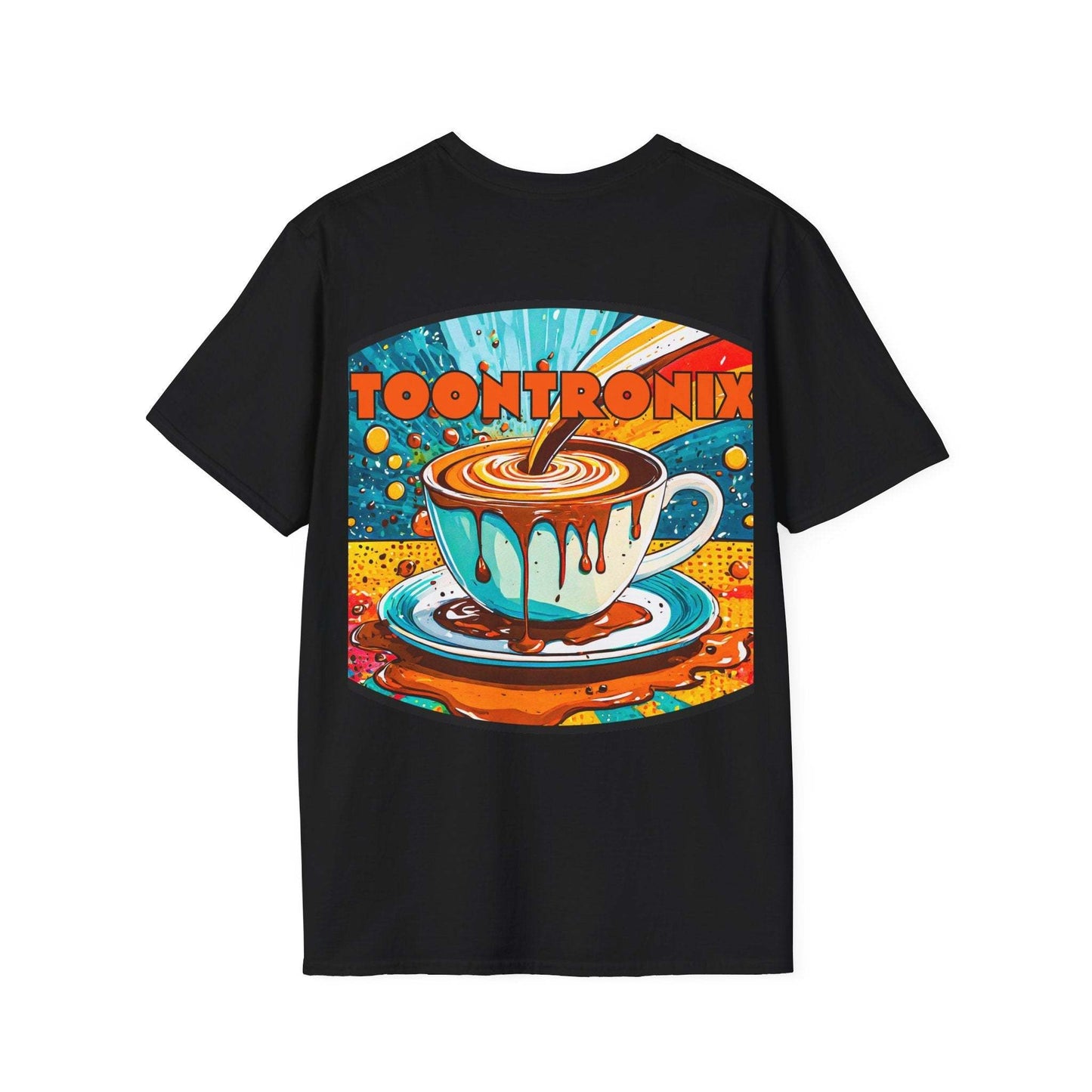 Toontronix Drip Coffee Tee featuring colorful animated coffee cup design.