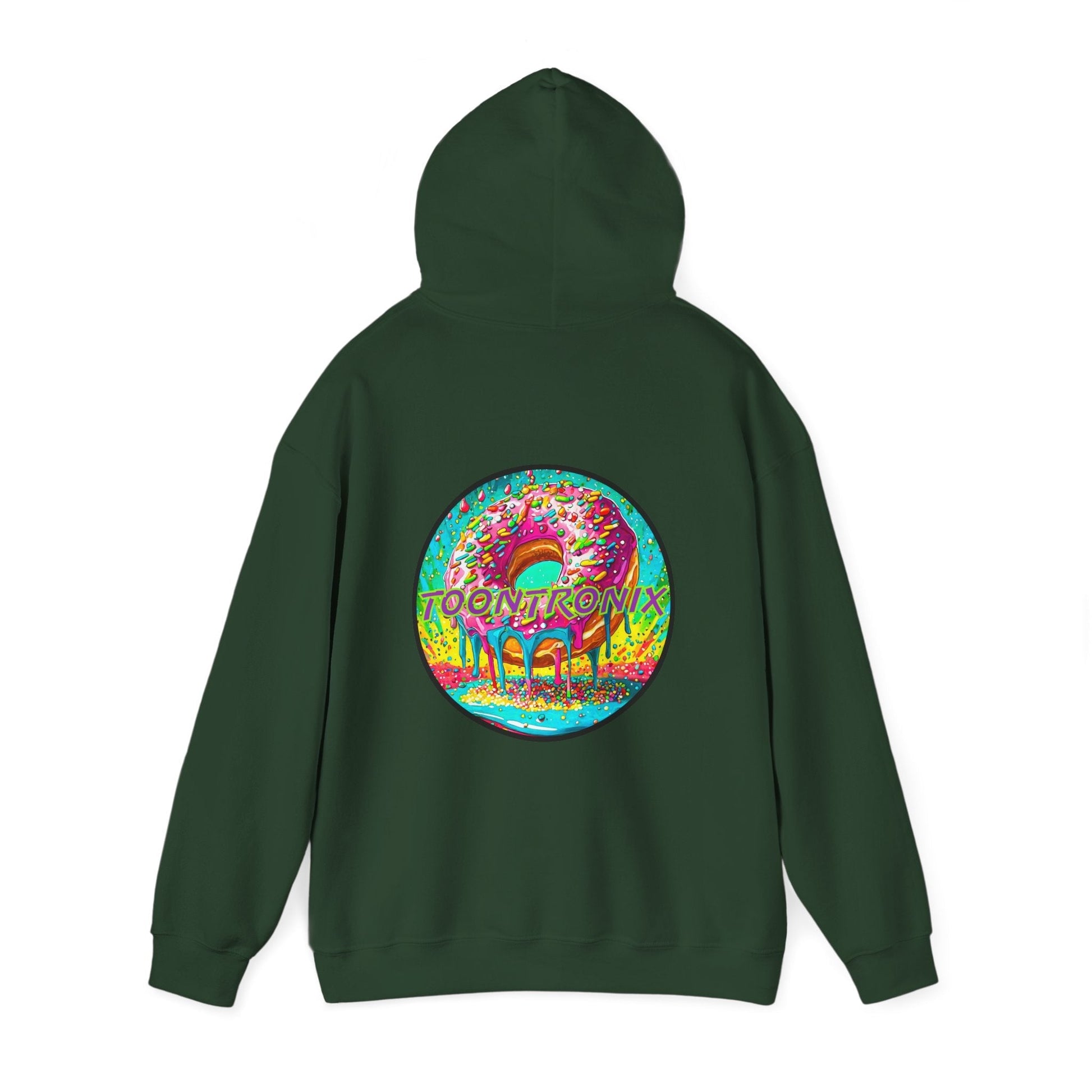 Unisex Toontronix Donut Hoodie with vibrant back print, cozy kangaroo pocket, and adjustable hood.