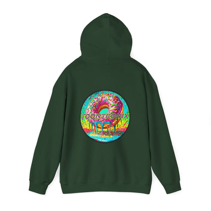 Unisex Toontronix Donut Hoodie with vibrant back print, cozy kangaroo pocket, and adjustable hood.