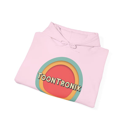 Toontronix Toons Logo Hoodie - Unisex Heavy Blend Sweatshirt in pink with colorful logo design.