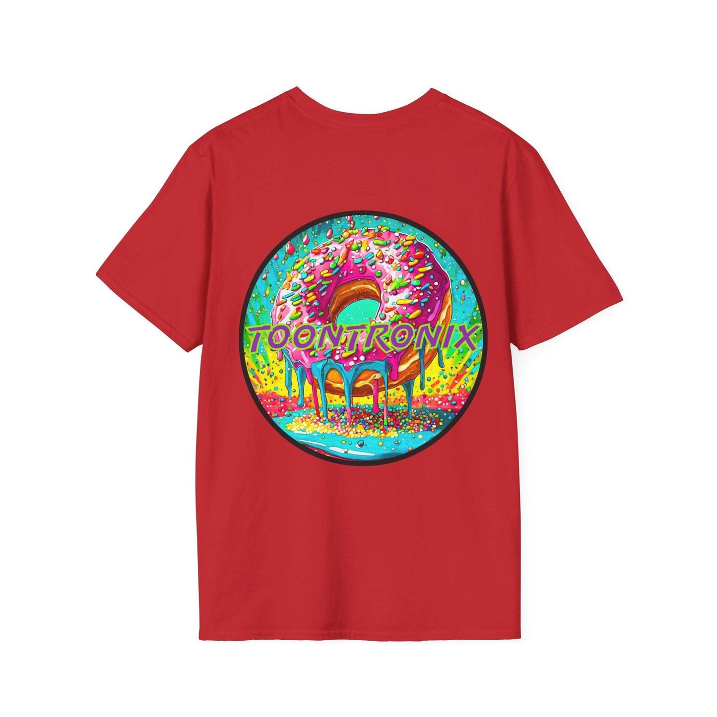 Unisex red Toontronix Donut Tee with vibrant donut graphic, perfect for casual wear and Toontronix Toons fans.