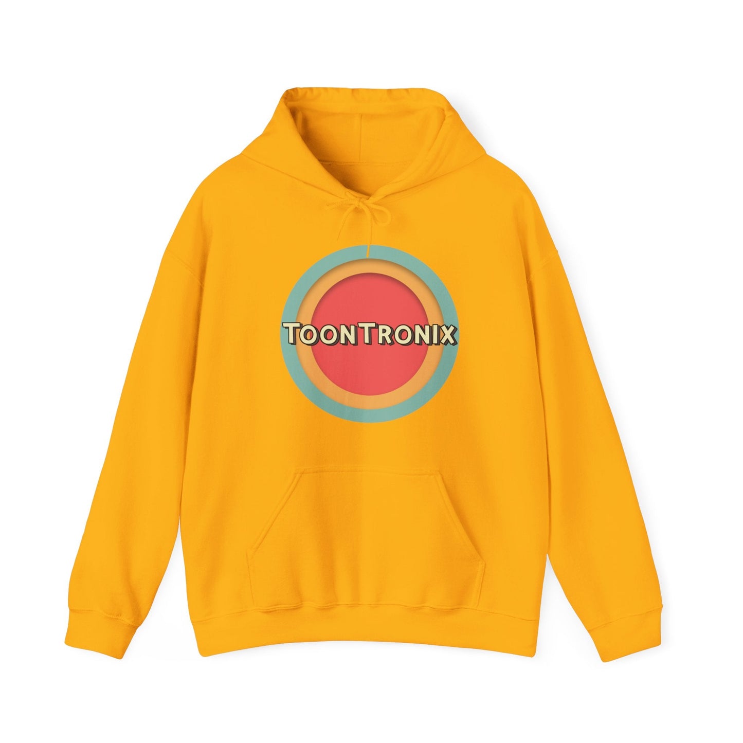Toontronix Toons Logo Hoodie in bright yellow with kangaroo pocket and drawstring hood.