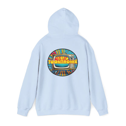 Toontronix Donut Hoodie with colorful back graphic, spacious kangaroo pocket, and adjustable hood.