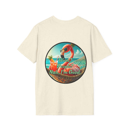 Vibrant Dr. Flamingoz unisex T-shirt with tropical design and "Work, People? Nah, I'm Good" text.