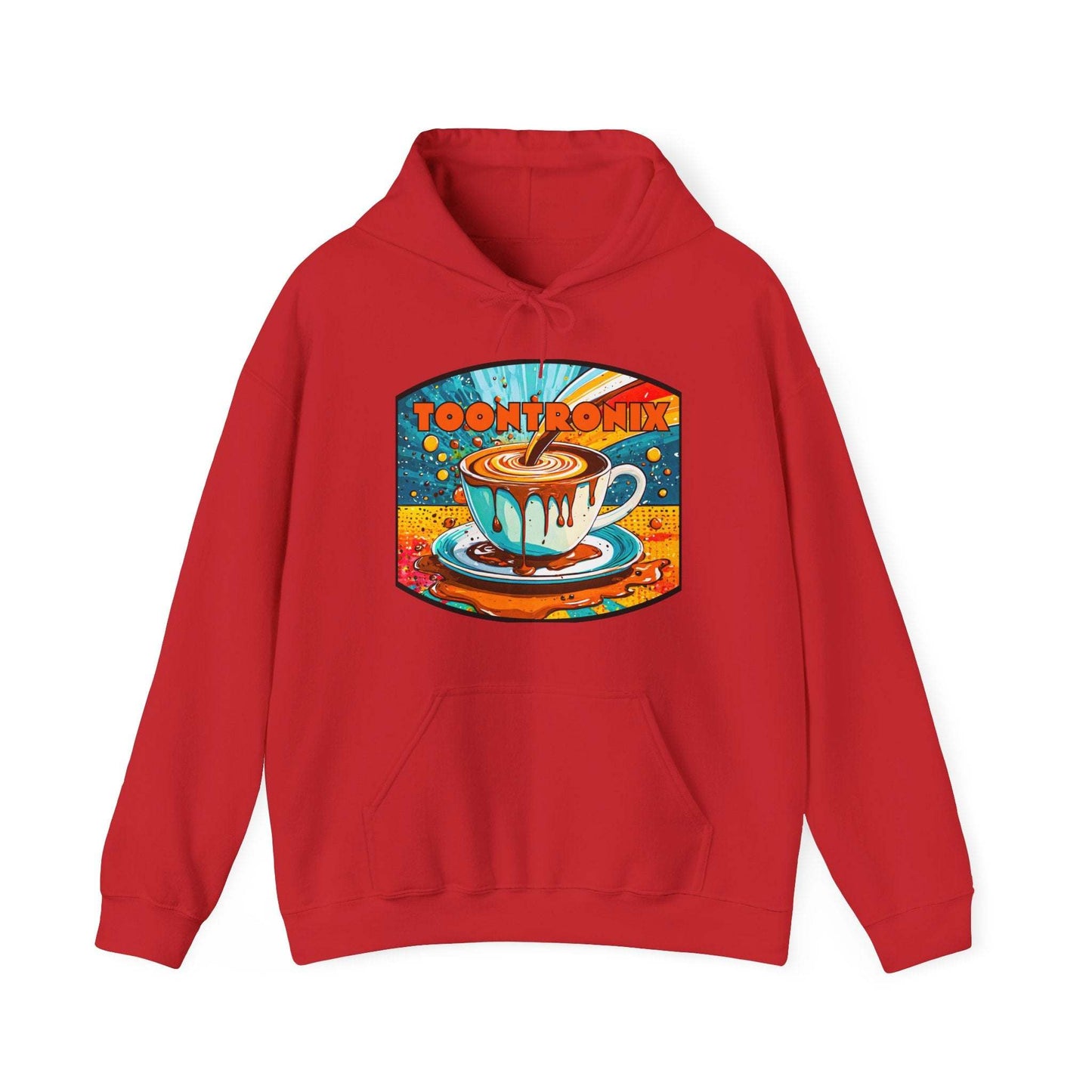 Unisex Toontronix Coffee Drip Hoodie with vibrant design, adjustable hood, and kangaroo pocket.
