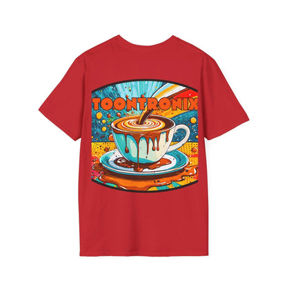 Unisex red Toontronix Drip Coffee Tee with animated coffee cup design.