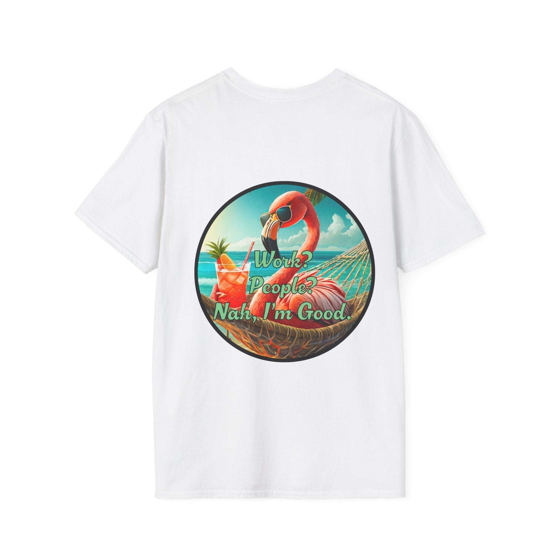 Vibrant Dr. Flamingoz unisex t-shirt with "Work, People, Nah I'm Good" design, tropical beachwear.