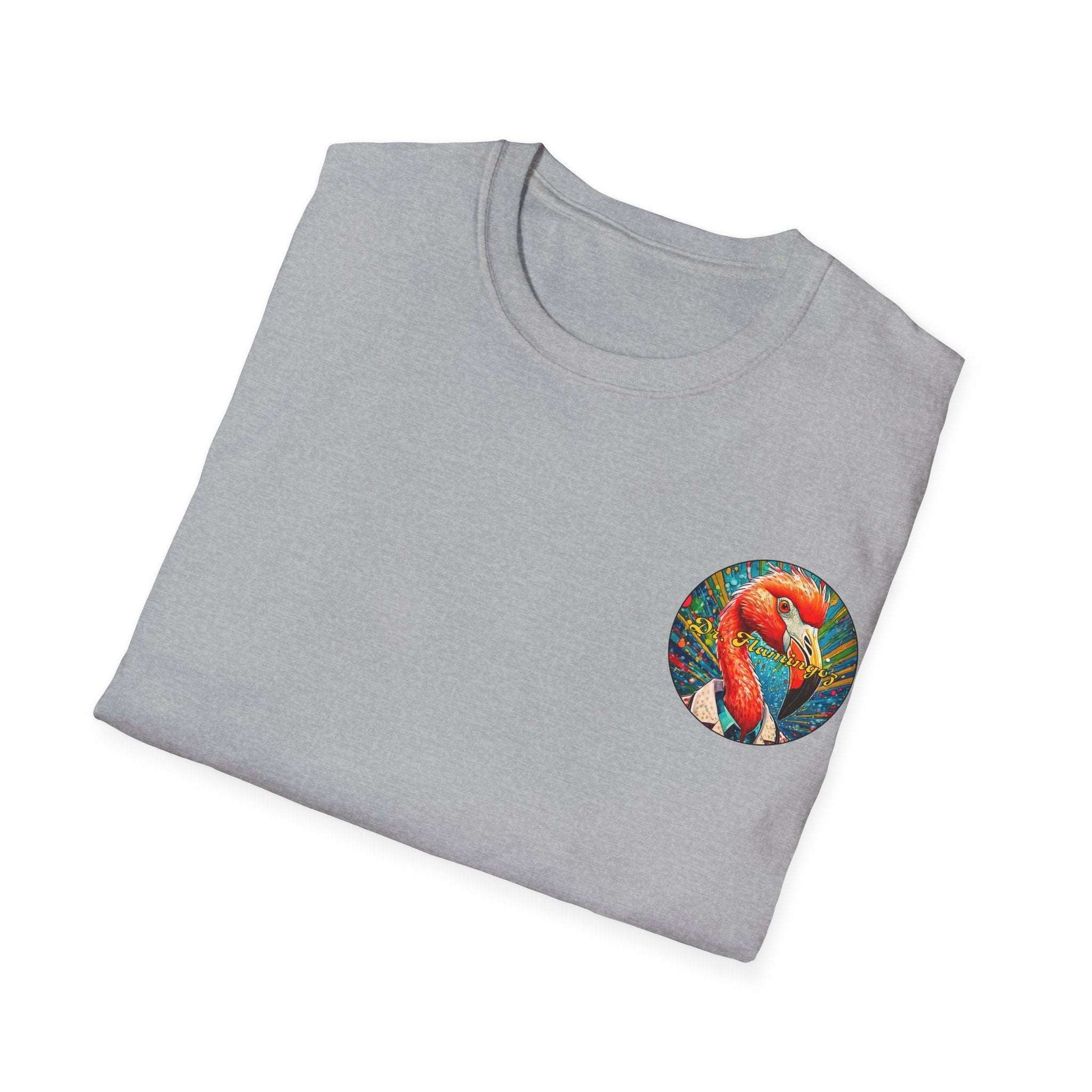 Vibrant Dr. Flamingoz unisex t-shirt with colorful flamingo graphic, perfect for casual beachwear and vacation.