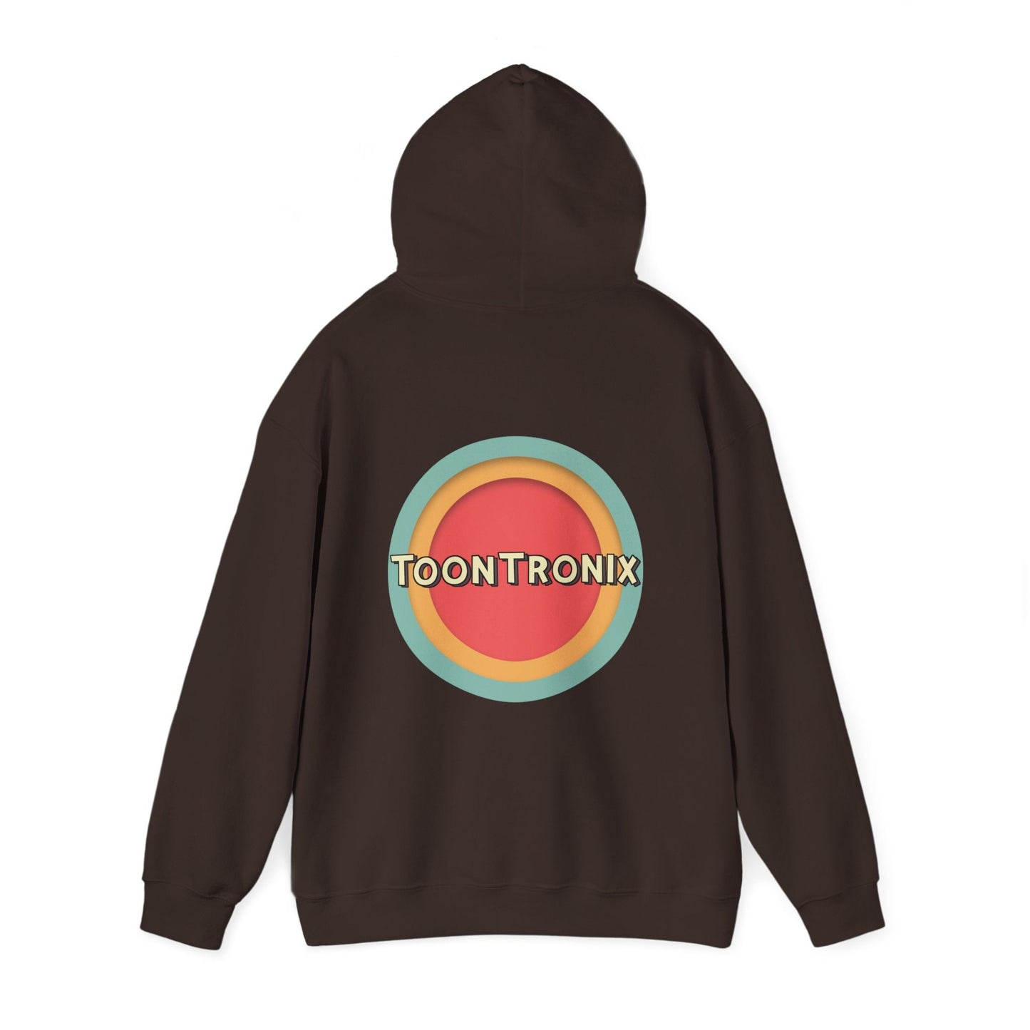 Toontronix Toons Logo Hoodie in black with colorful logo on back, unisex heavy blend sweatshirt.