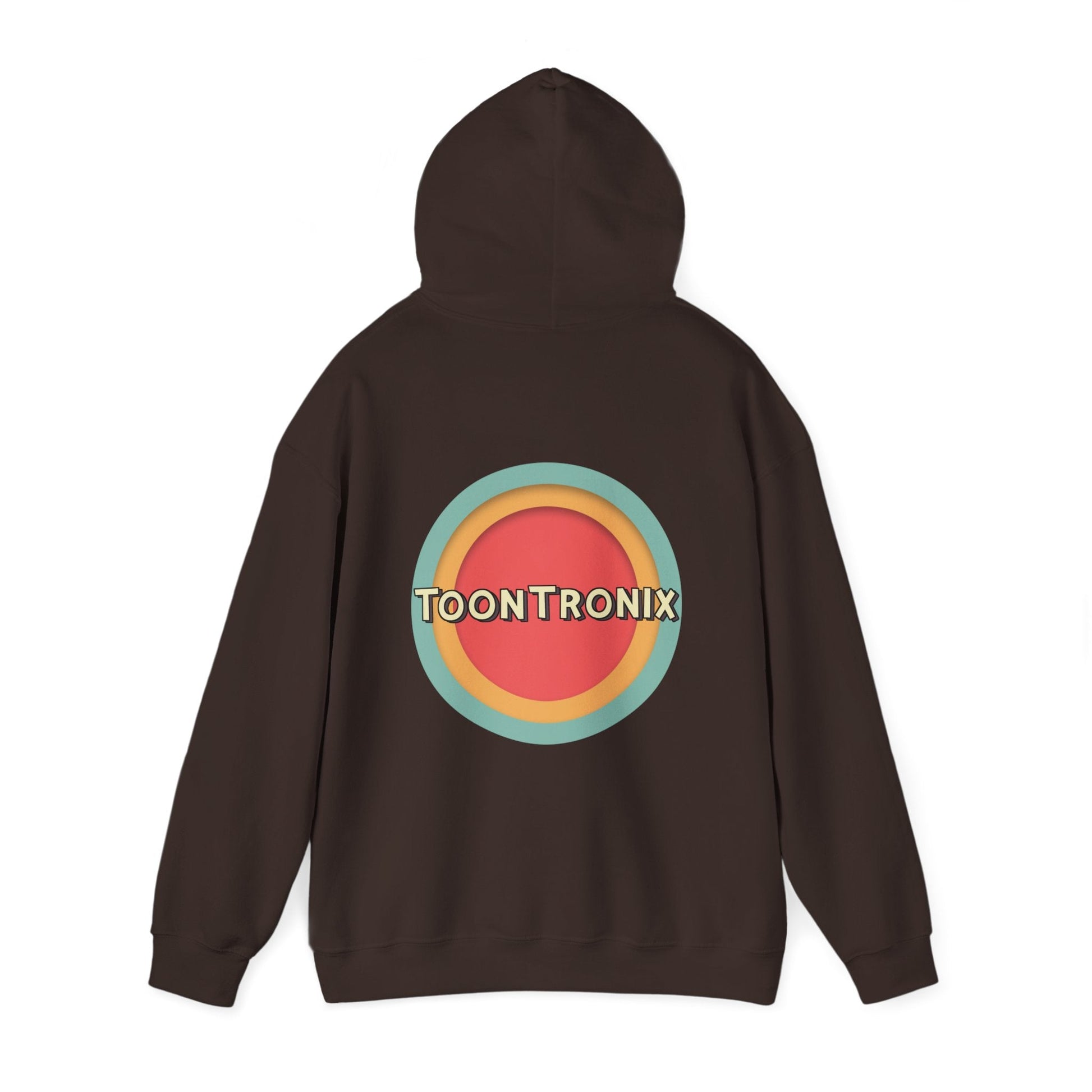 Toontronix Toons Logo Hoodie in black with colorful logo on back, unisex heavy blend sweatshirt.