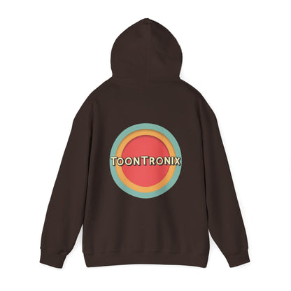 Toontronix Toons Logo Hoodie in black with colorful logo on back, unisex heavy blend sweatshirt.