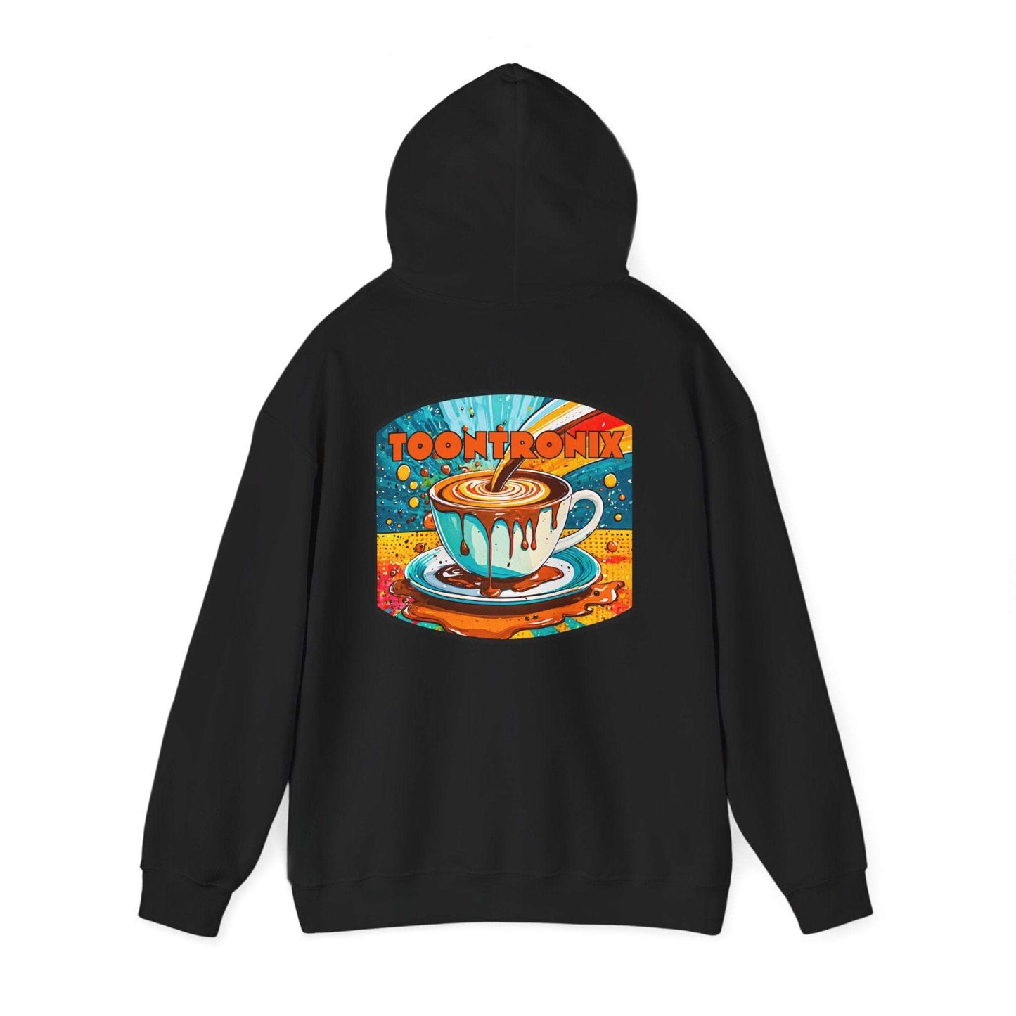 Unisex Toontronix Coffee Drip Hoodie with colorful design on back, black heavy blend sweatshirt.