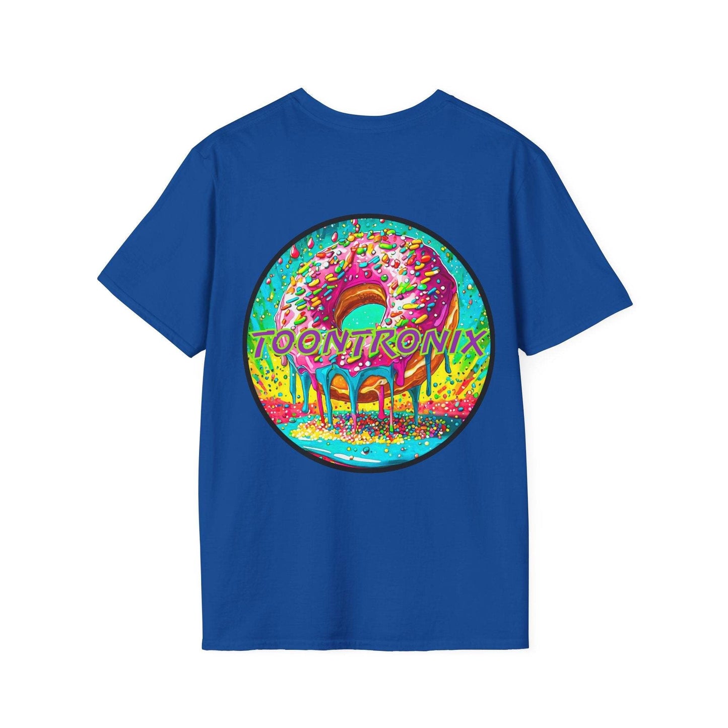 Unisex Toontronix Donut Tee with colorful donut design on blue background.