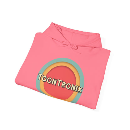 Toontronix Toons Logo Hoodie in pink with adjustable drawstring hood and kangaroo pocket.