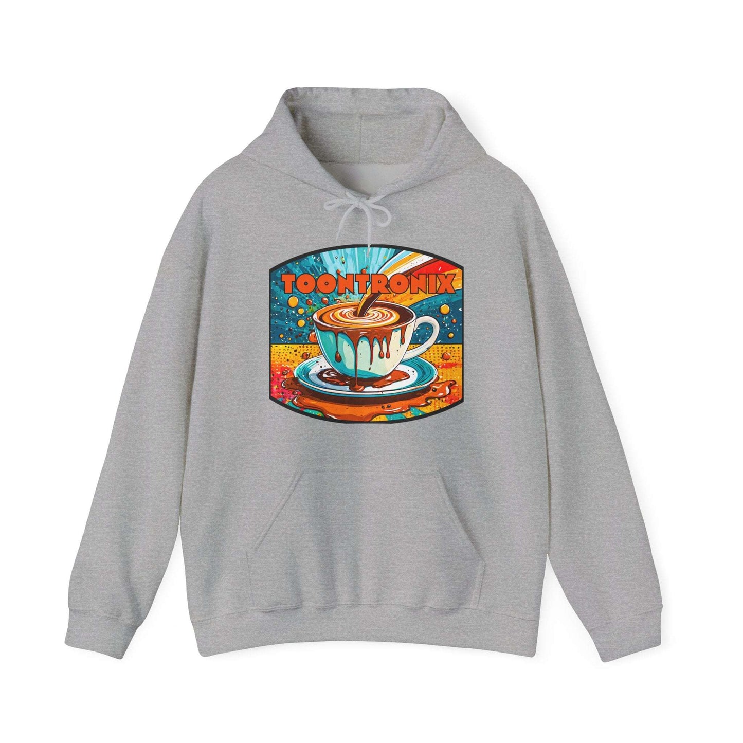 Unisex Toontronix Coffee Drip Hoodie with colorful coffee cup design on soft gray fabric.