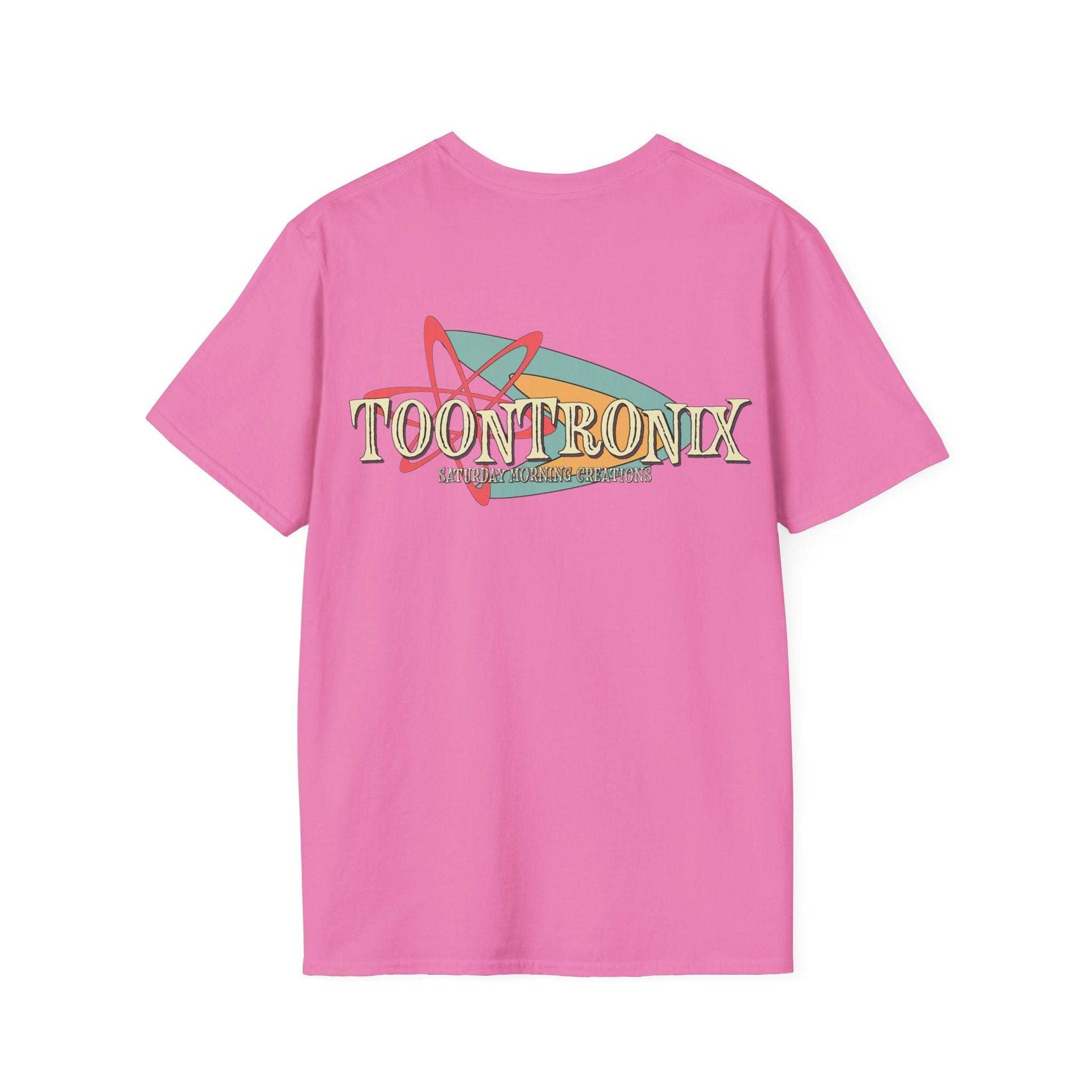Toontronix Retro Logo Tee in pink with a classic fit and ribbed collar.