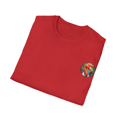Vibrant flamingo t-shirt with classic fit and ribbed collar, featuring Dr. Flamingoz design.