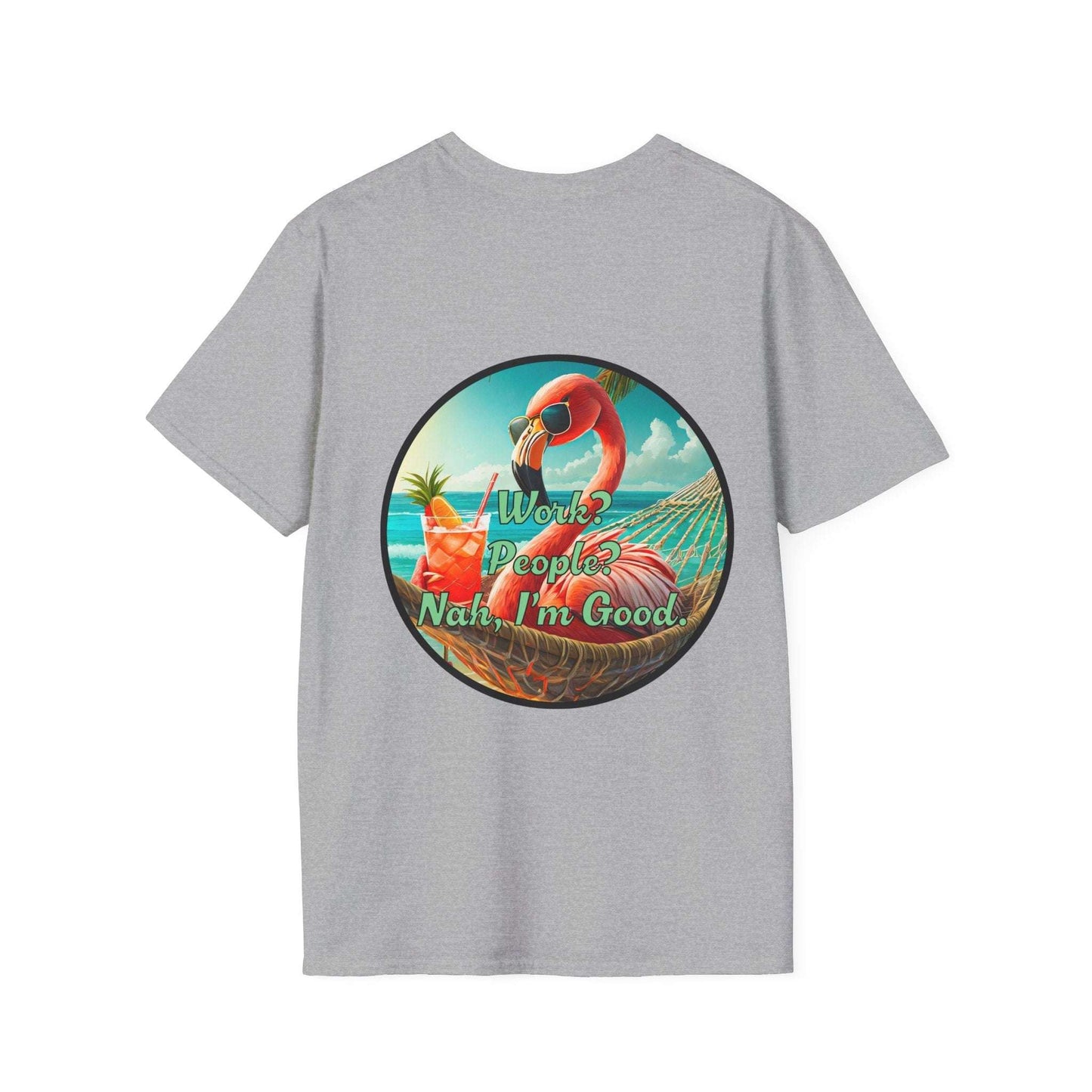 Vibrant Dr. Flamingoz unisex T-shirt with "Work, People Nah I'm Good" design, tropical beachwear style.