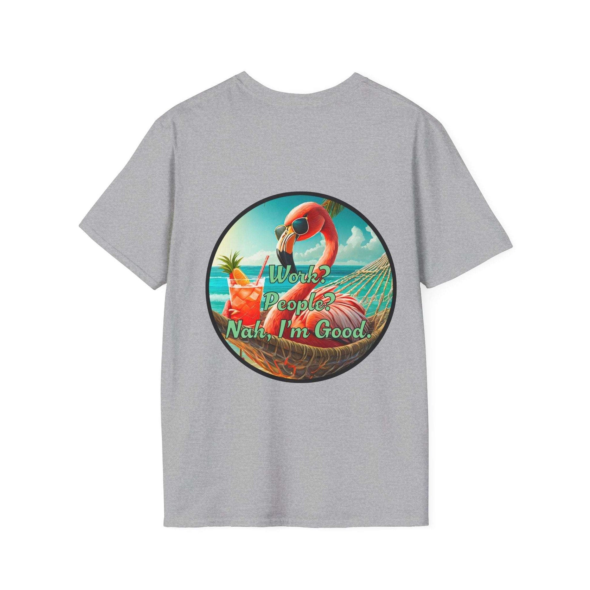 Vibrant Dr. Flamingoz unisex T-shirt with "Work, People Nah I'm Good" design, tropical beachwear style.