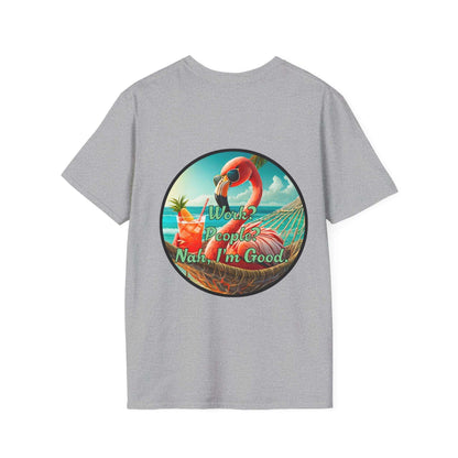 Vibrant Dr. Flamingoz unisex T-shirt with "Work, People Nah I'm Good" design, tropical beachwear style.