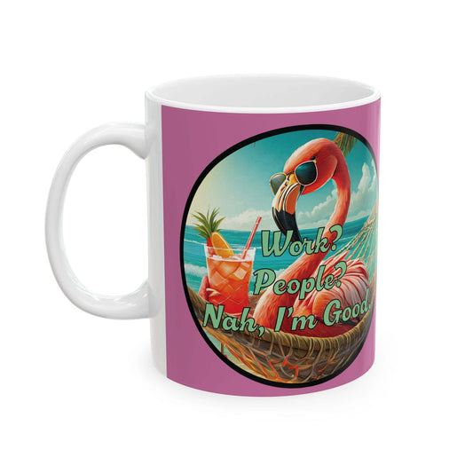 Tropical Flamingo Mug with vibrant beach design, perfect for summer and coffee lovers.