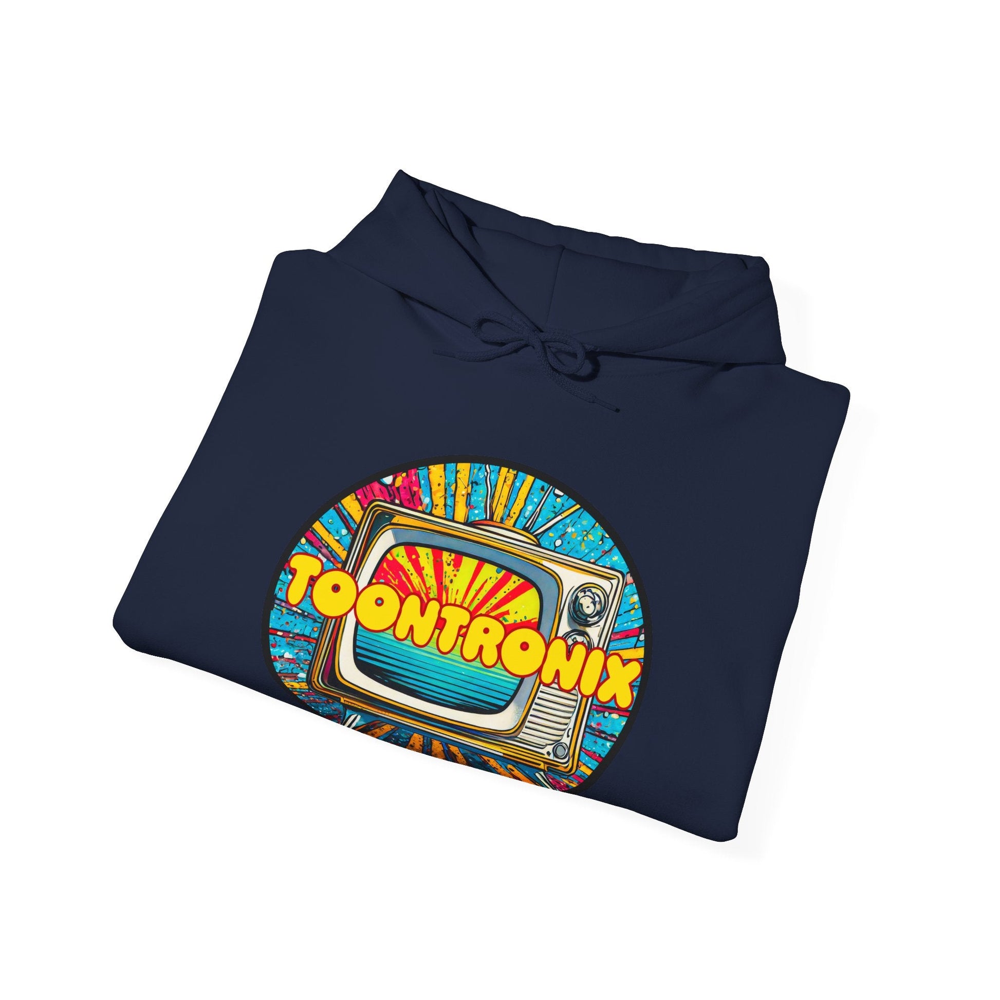 Toontronix Donut Hoodie in navy with colorful retro TV graphic design, unisex heavy blend sweatshirt.