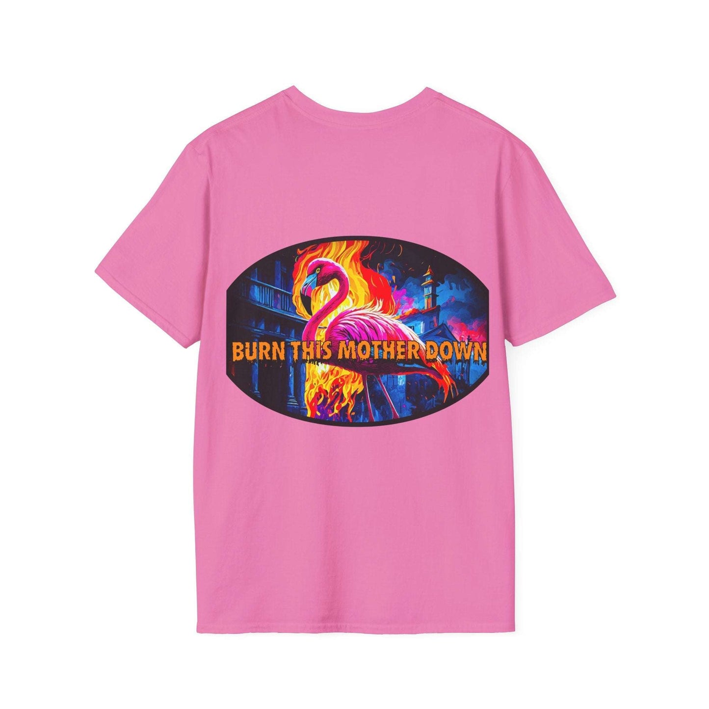 Vibrant flamingo graphic T-shirt with "Burn This Mother Down" text on pink fabric.
